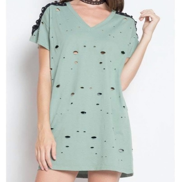 Dreamers Mint Green Distressed Mini Dress - Picture 1 of 3